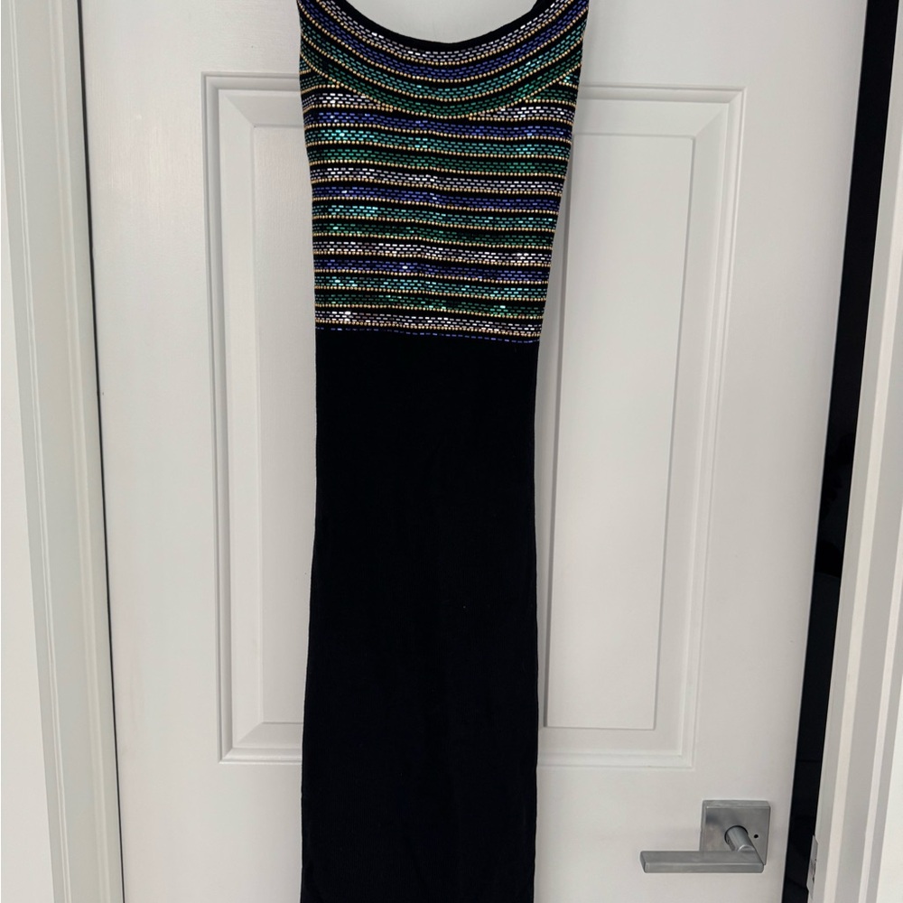 St. John Strapless Dress with Black and Multicolor Stripes